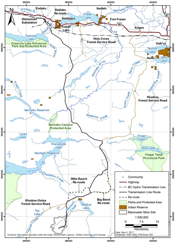 Map showing the location of the Project's linear components relative to roads, parks, protected areas, communities, and Indian reserves.