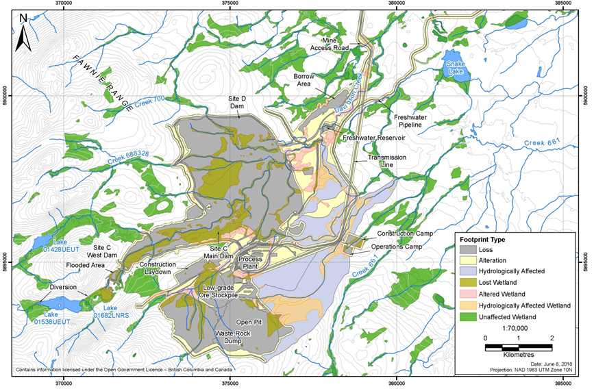 Map showing the mine site relative to project area wetlands and how they will be affected, such as lost wetlands, altered wetlands, hydrologically affected wetlands, and unaffected wetlands.