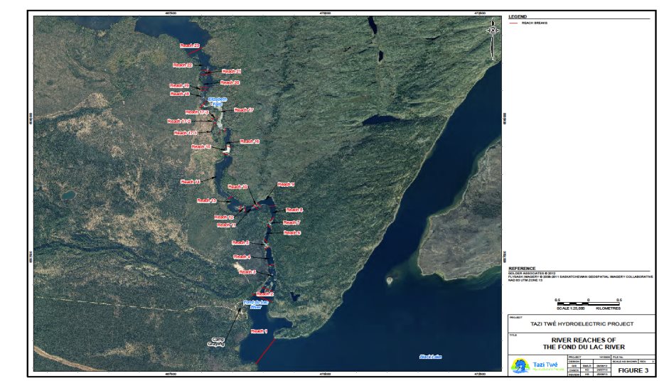 Figure 3 shows the break down of the Fond du Lac River between Black Lake and Middle Lake into the 23 reaches designated by the proponent. Each distinguishing stretch of the River has been assigned into a particular reach. The figure also shows the location of Camp Grayling along the River and the location of Elizabeth Falls.