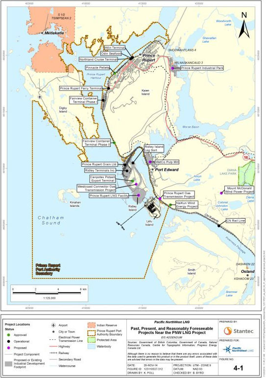 This map shows the location of past, present and reasonably forseeable projects near the PNW LNG Project, as described in Table 12. These include industrial operations, marine terminals, marine vessel traffic, forestry and fishing.