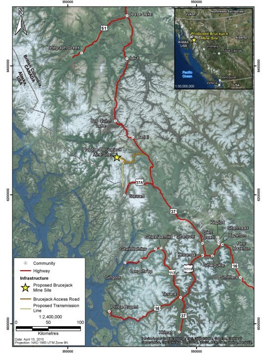Map showing the location of the Project as described in section 2.1. The map also shows the location of the Canada-United States border, nearby communities and highway infrastructure.