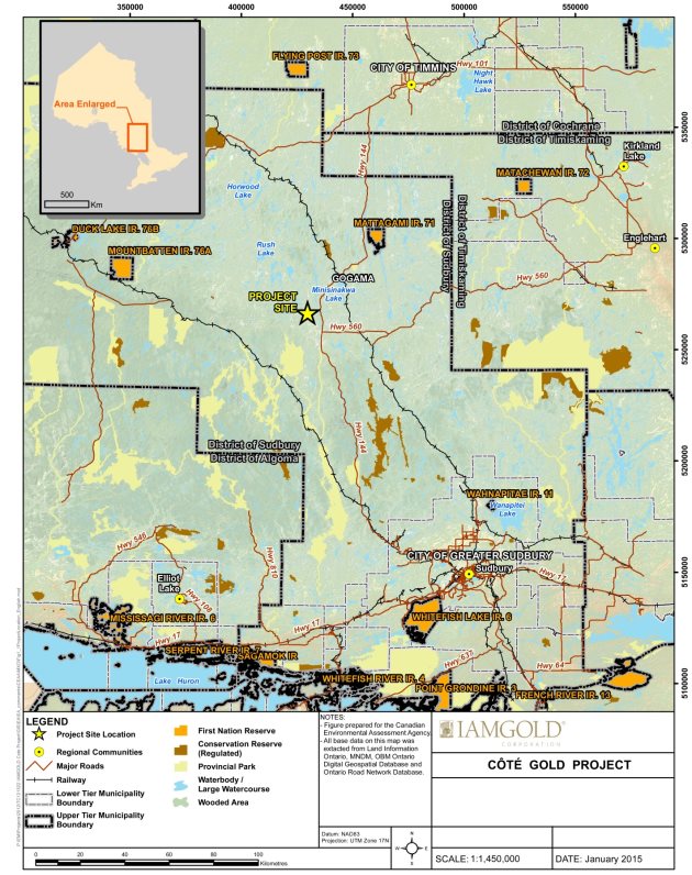 A map displaying the project site location within the District of Sudbury, Ontario, which also contains an inset map outlining the District's relative location within the province.