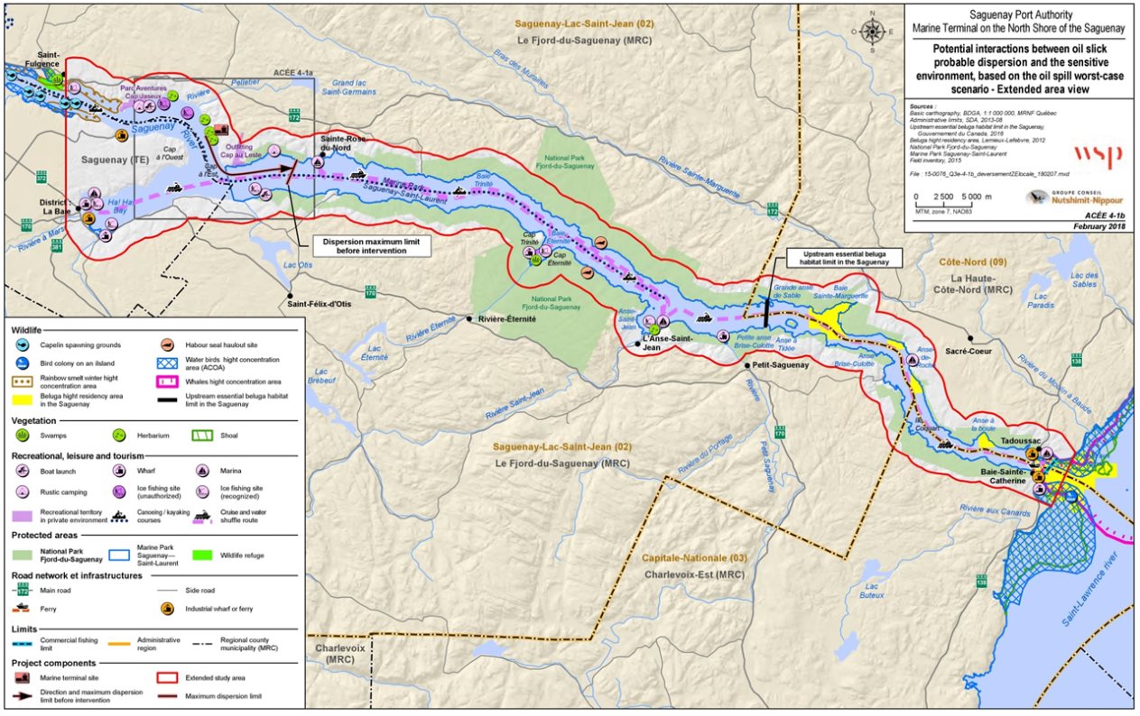 Figure 19: Potential interactions between the dispersal of an oil slick and the sensitive environments, according to the worst-case spill scenario - extended study area