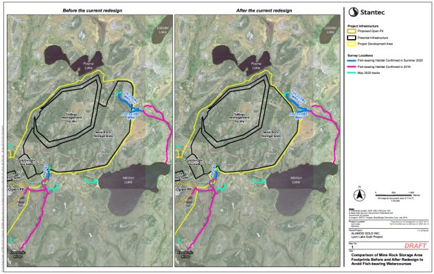 Figure 5 Comparison of the MacLellan Site Mine Rock Storage Area Footprints Before and After Redesign
