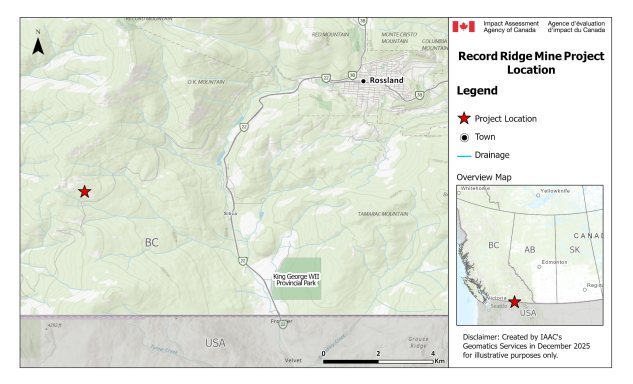 A map of the project location and proximity to the city of Rossland and border with the United States