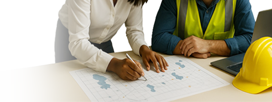 Two colleagues reviewing project materials at a workspace.